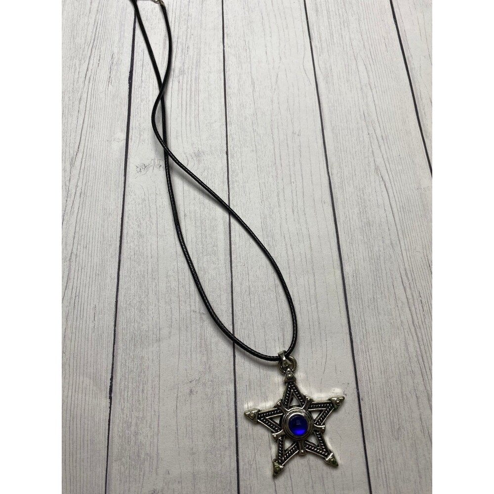 Star Pendant Necklace 9in Blue Glass Center Silver Tone Metal